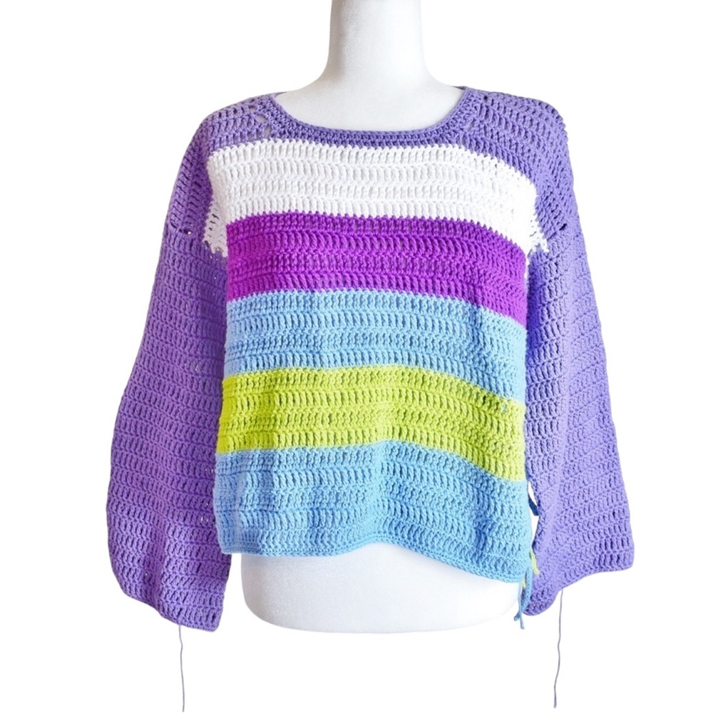 CROCHET KNIT Handmade Colorful Cropped Side Tie Detail Sweater ✨NWOT✨